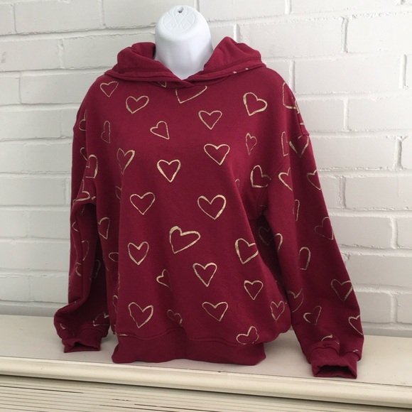Zara Girls Burgundy Heart Design Hooded Sweatshirt Size 13/14 - Picture 2 of 5
